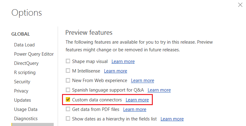 Enable Custom data connectors in Options and settings, Options menu when Installing the Power Query SDK for Visual Studio